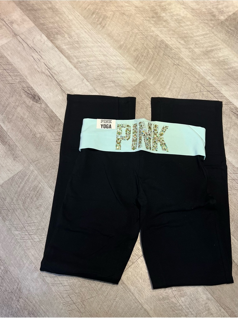 PINK Victoria's Secret Black Leggings with Mint Fold-Over Waistband & Large Gems